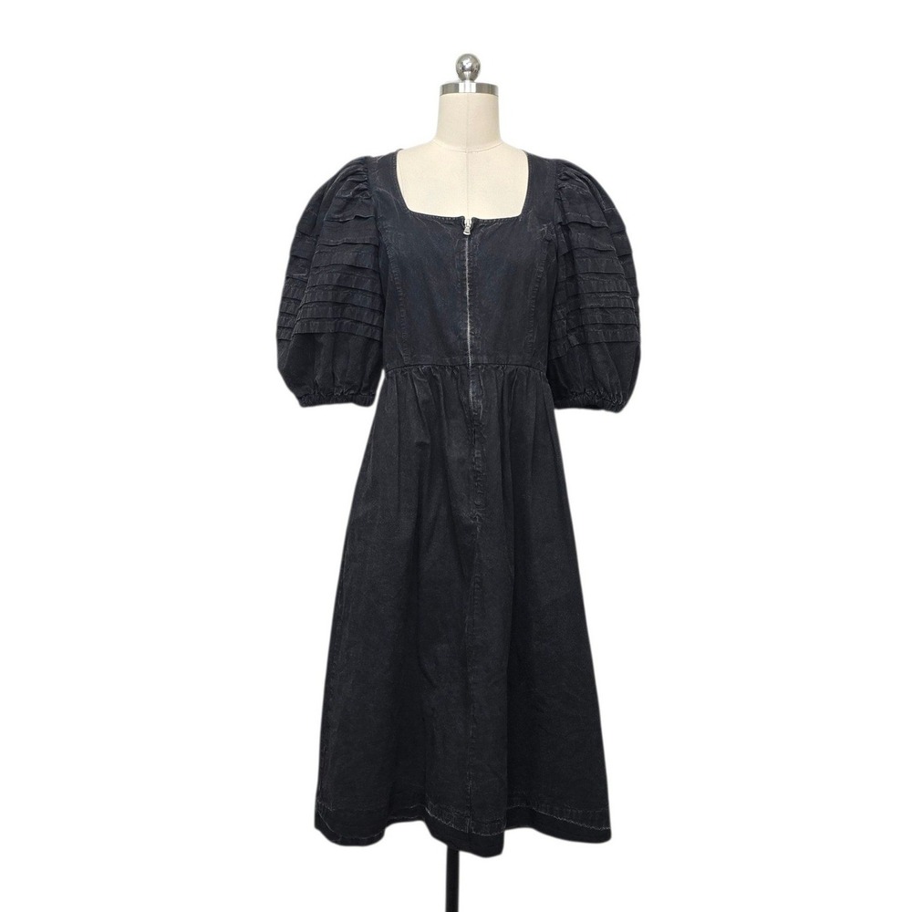 Sea New York Black Denim Puff Sleeve Pleated Midi Dress Size 2 Square Neck Zip